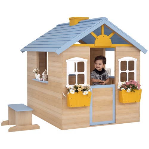 Outsunny Wooden Playhouse with Working Door, Windows, Bench, Service Station, Flower Pot Holder in Blue 