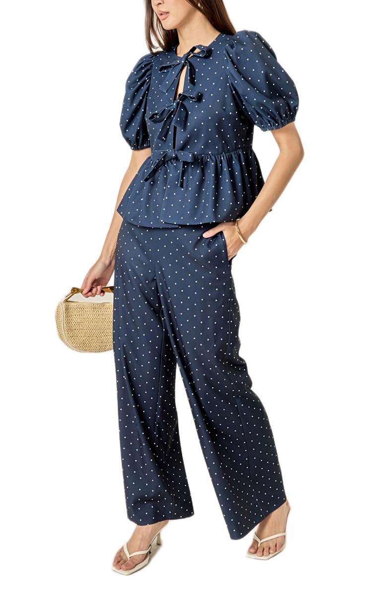 English Factory Dot Tie Front Puff Sleeve Top, Alternate, color, Navy