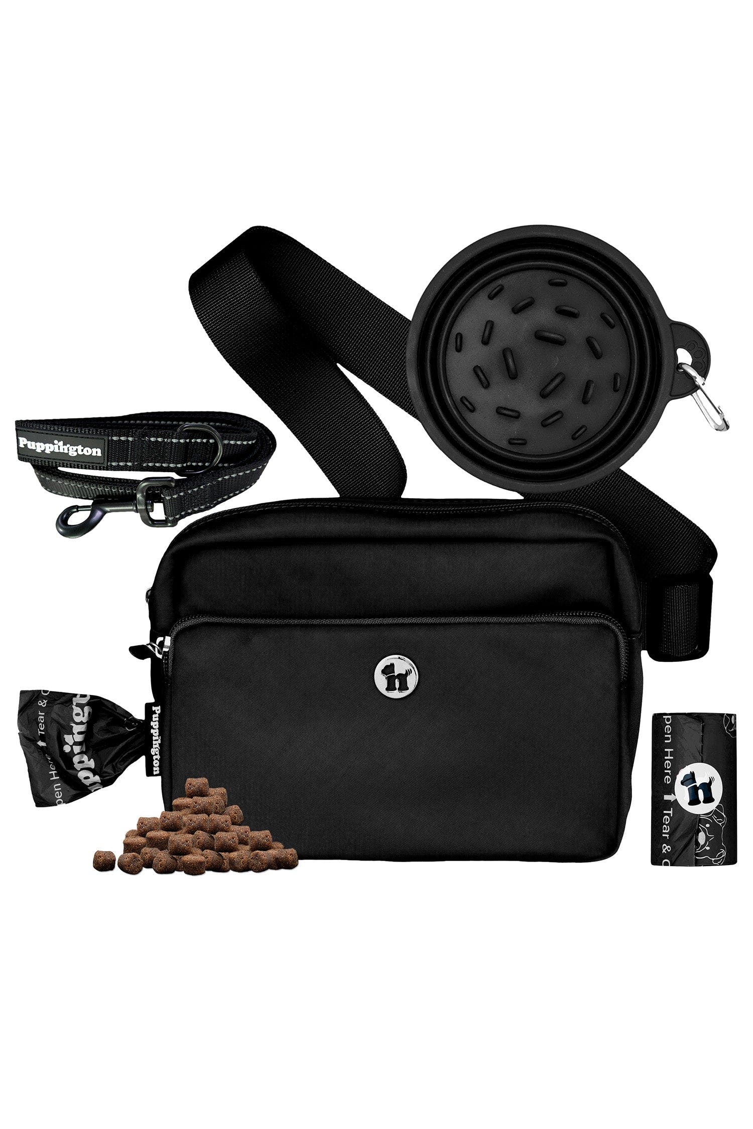 Puppington 3-in-1 Dog Walking Bag with Waste Bags plus Travel Bowl and Reflective Leash, Main, color, Onyx Black