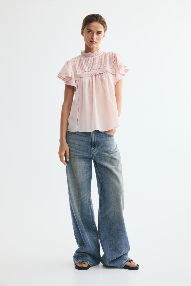 Lace-trimmed Flutter-sleeved Blouse, Alternate, color, Light pink