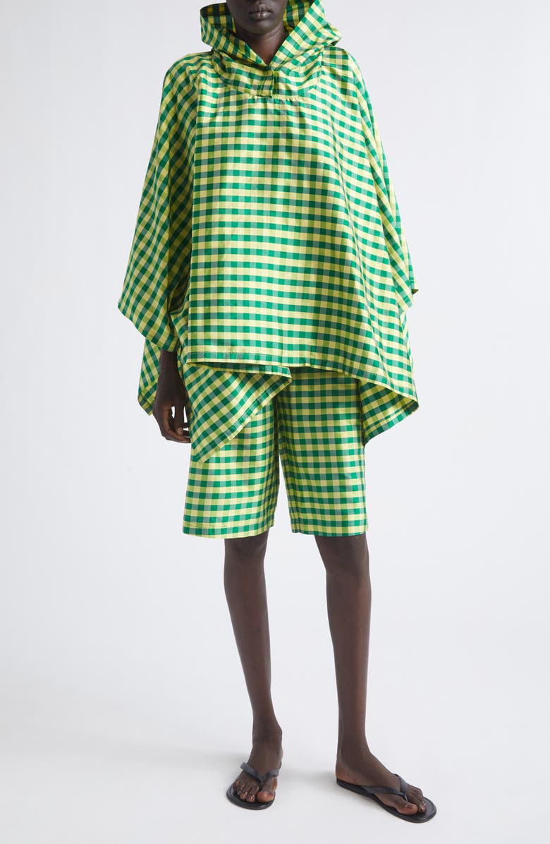 COMING OF AGE Gingham Check Silk Taffeta Poncho, Main, color, Gingham Green Yellow