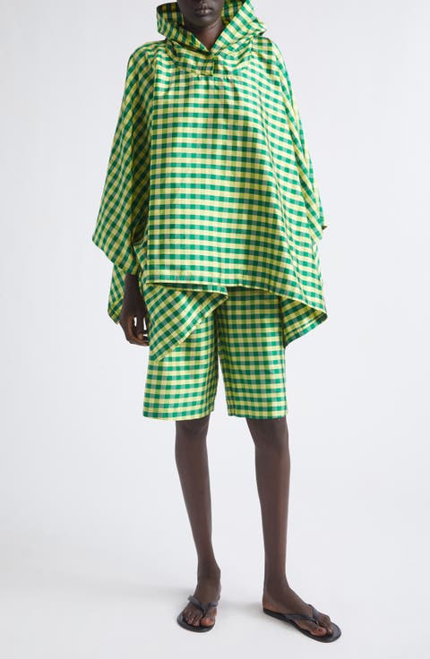 Gingham Check Silk Taffeta Poncho