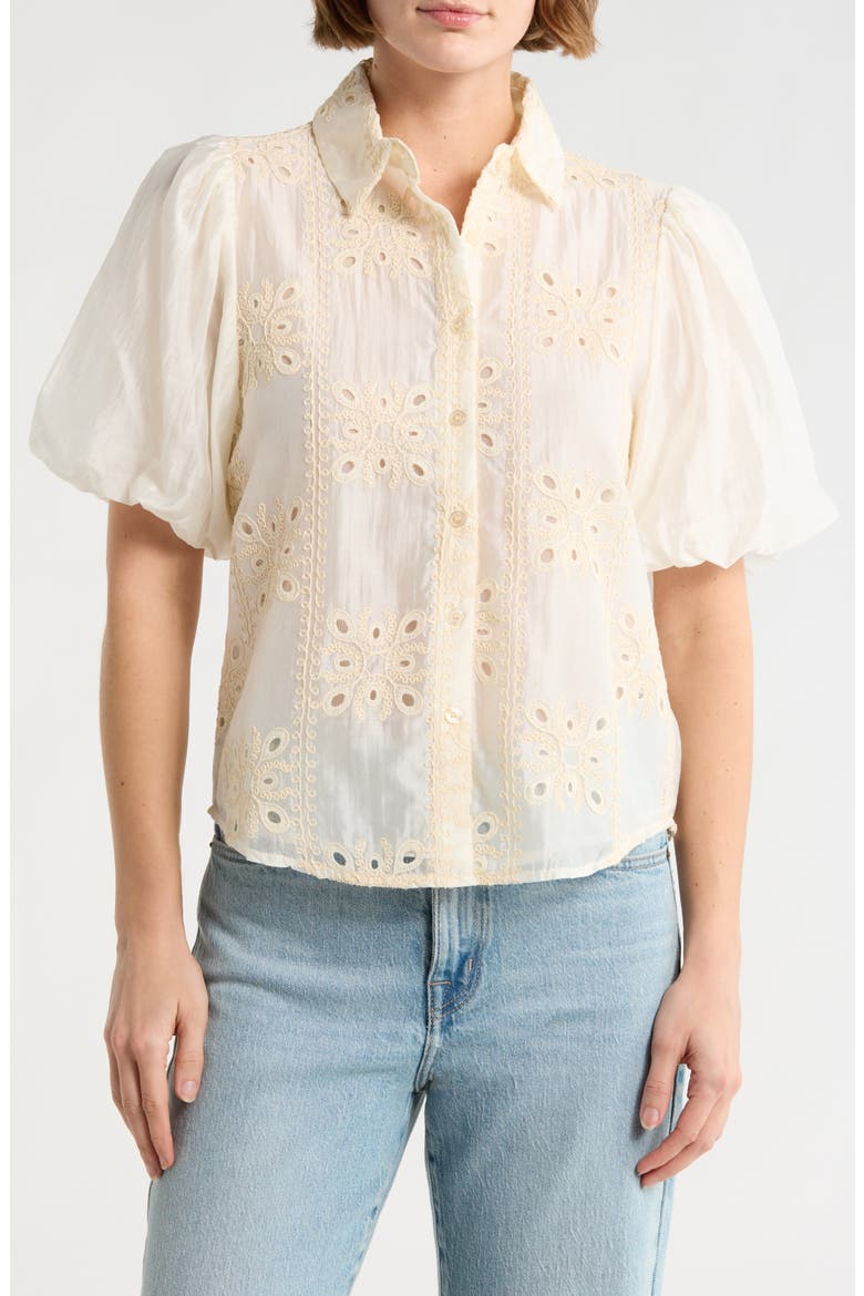 Bubble Sleeve Button Front Top, Main, color, NATURAL
