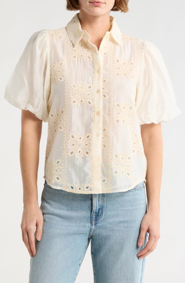 Forgotten Grace Bubble Sleeve Button Front Top, Main, color, Natural