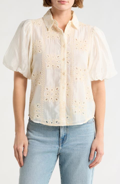 Bubble Sleeve Button Front Top