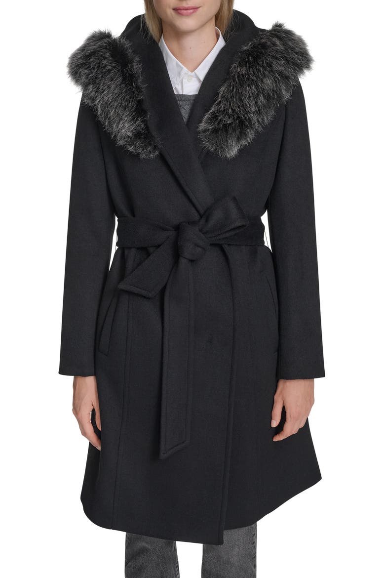 Slick Wool Blend Coat with Faux Fur Trim Hood, Main, color, BLACK