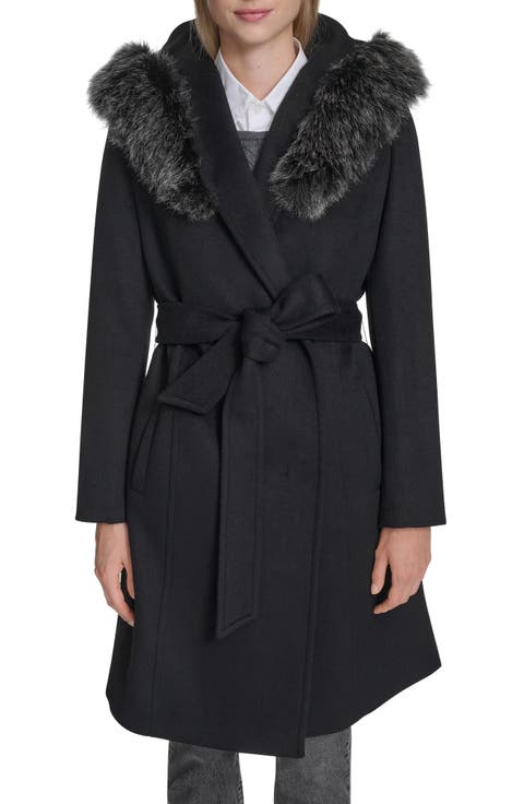 Slick Wool Blend Coat with Faux Fur Trim Hood