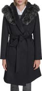 Cole Haan Slick Wool Blend Coat with Faux Fur Trim Hood