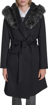 Cole Haan Slick Wool Blend Coat with Faux Fur Trim Hood