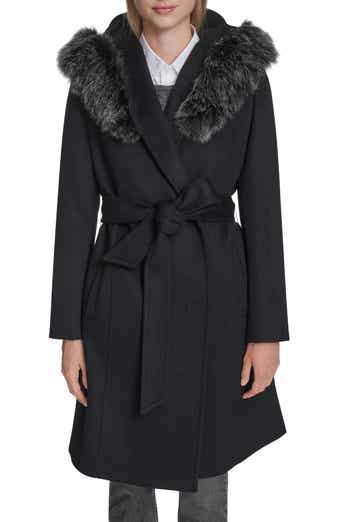 Cole Haan Slick Wool Blend Coat with Faux Fur Trim Hood