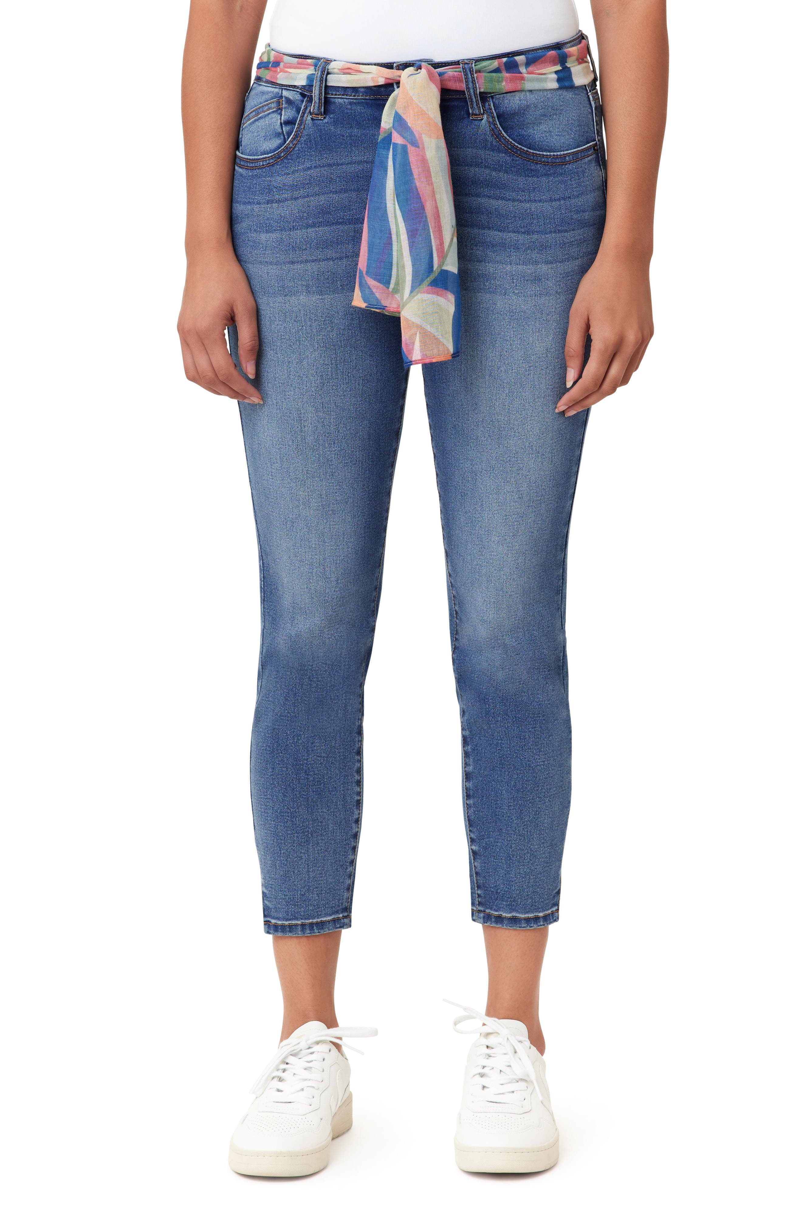 Kensie Belted Mid Rise Skinny Cropped Jeans