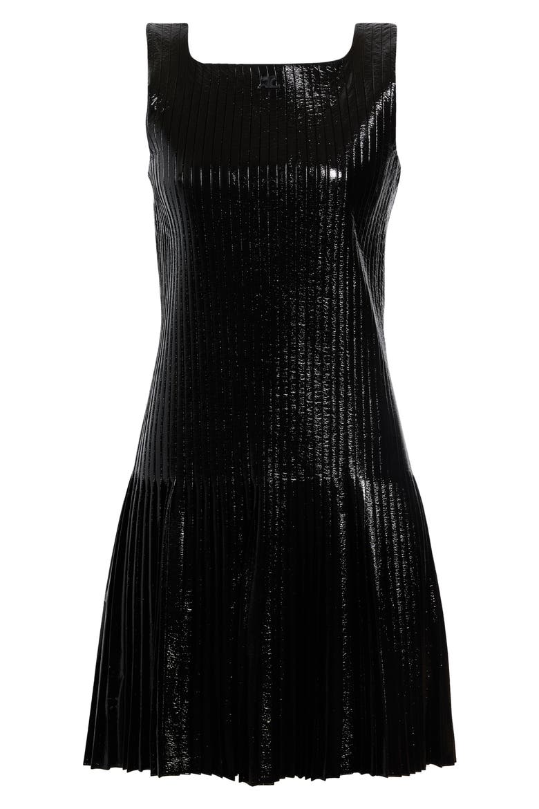Pleated Faux Leather Minidress, Alternate, color, BLACK
