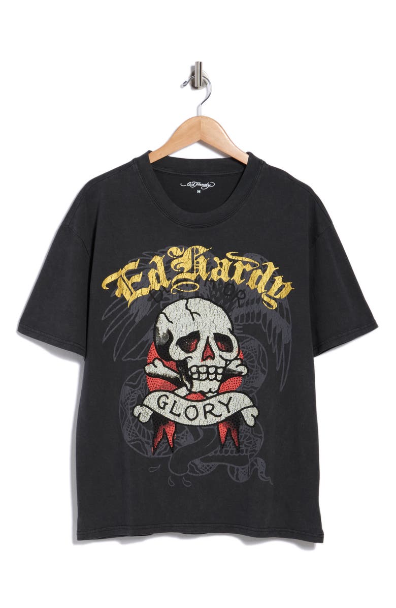 Ed Hardy Rhinestone Glory Skull Boxy Graphic T-Shirt, Main, color, Vintage Black