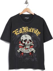 Ed Hardy Rhinestone Glory Skull Boxy Graphic T-Shirt