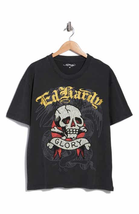 Ed Hardy Rhinestone Glory Skull Boxy Graphic T-Shirt