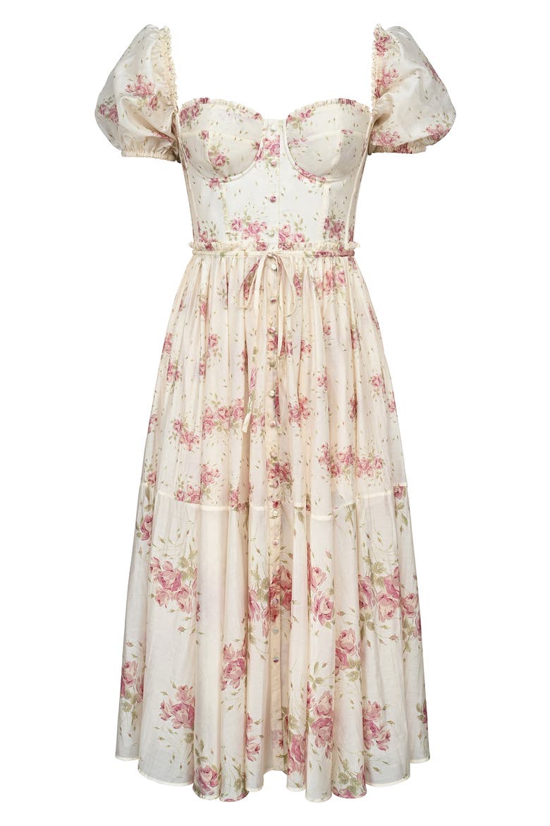 Penelope Floral Puff Sleeve Corset Chiffon Midi Dress, Alternate, color, IVORY VINTAGE ROSE PRINT