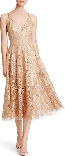 Dress The Population Blair Lace Midi Dress - NAVY/NUDE - Size M