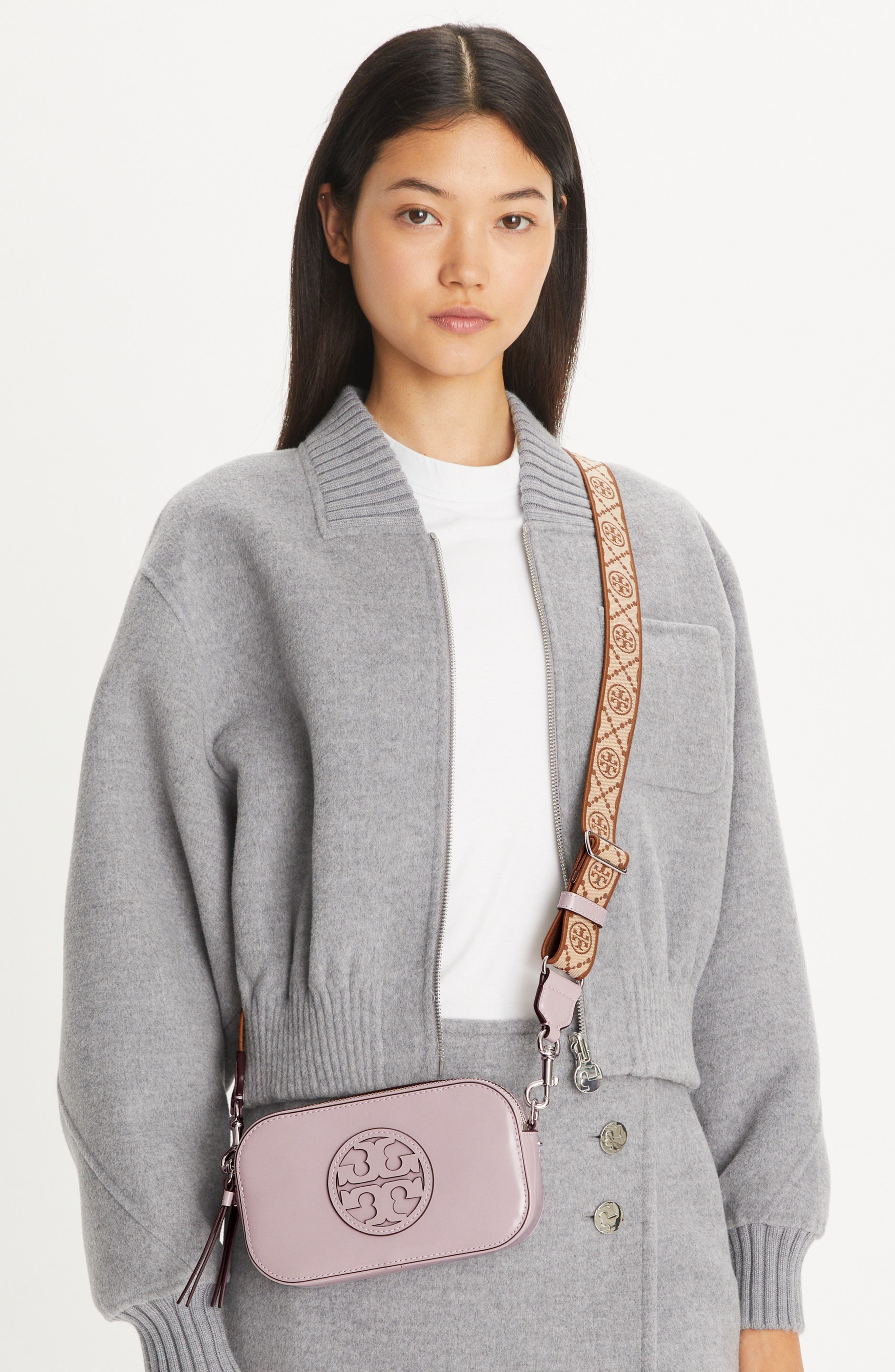 Tory Burch Mini Miller Spazzolato Leather Crossbody Bag, Alternate, color, Primrose