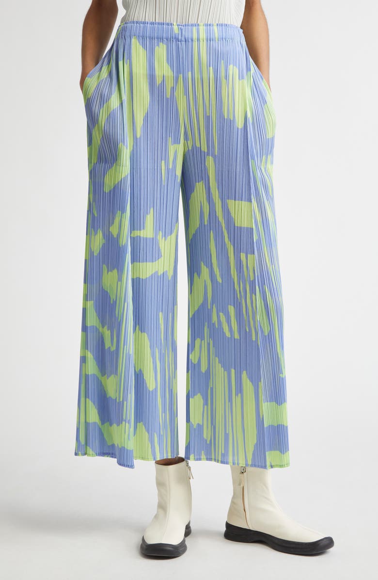 Pleats Please Issey Miyake Refraction Print Pleated Crop Wide Leg Pants, Main, color, Light Blue