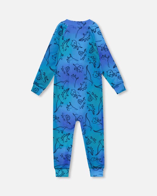 Deux Par Deux One-piece Thermal Underwear Dinosaur In Blue