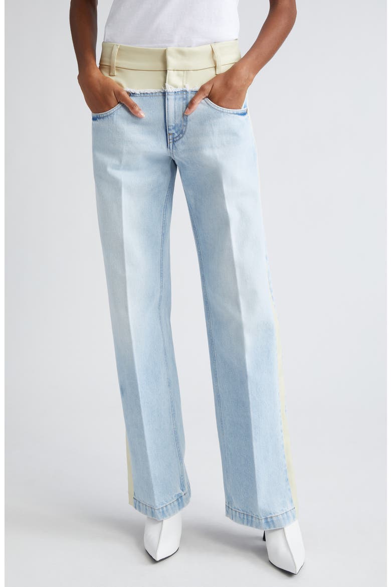 Two-Tone Mixed Media High Waist Straight Leg Jeans, Main, color, 4221 - LIGHT BLUE MIX FABRIC