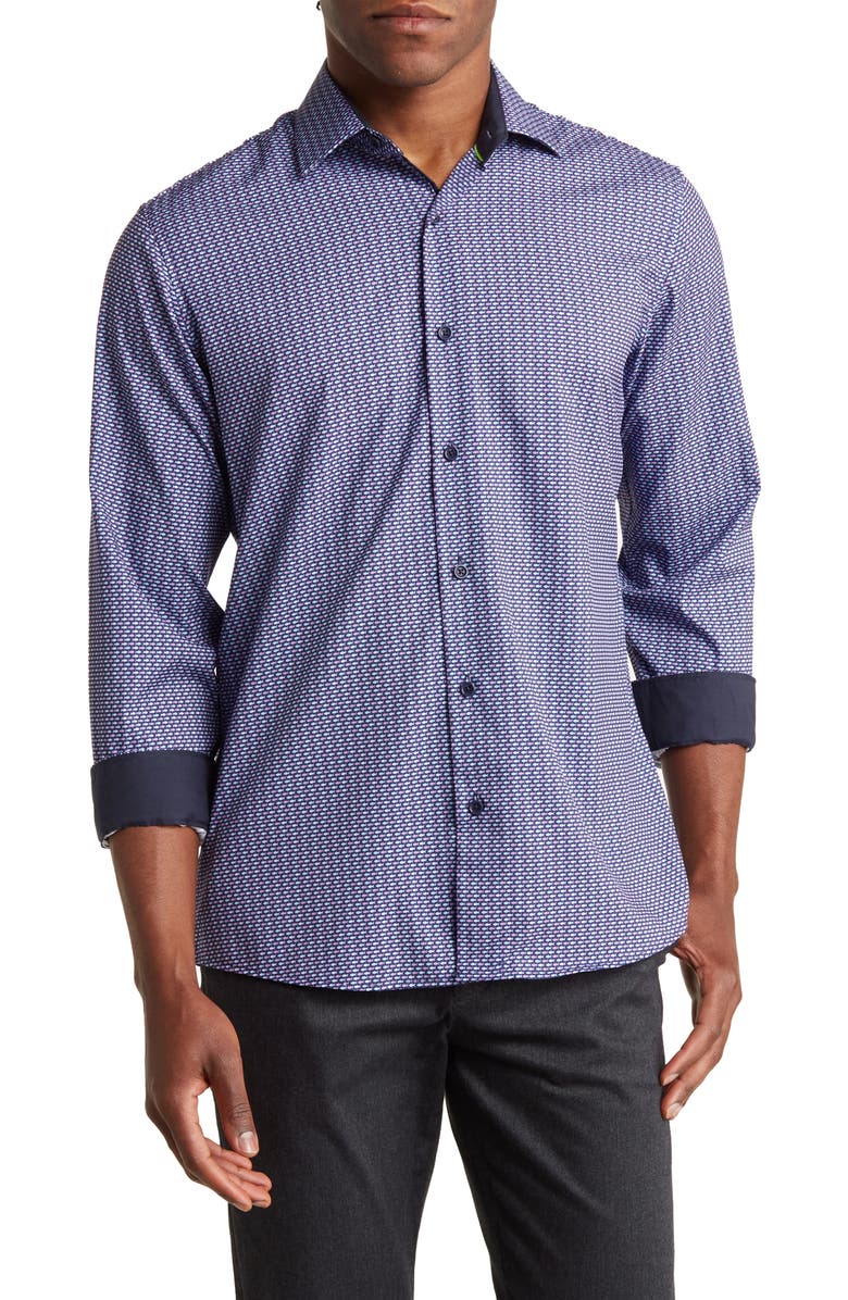 TOM BAINE Fish Print Long Sleeve Slim Fit 4-Way Stretch Shirt, Main, color,