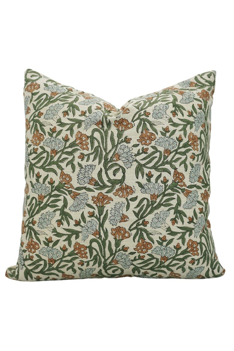 Thorny Stems  Handmade Block Printed Pillow Cover, Main, color, Green