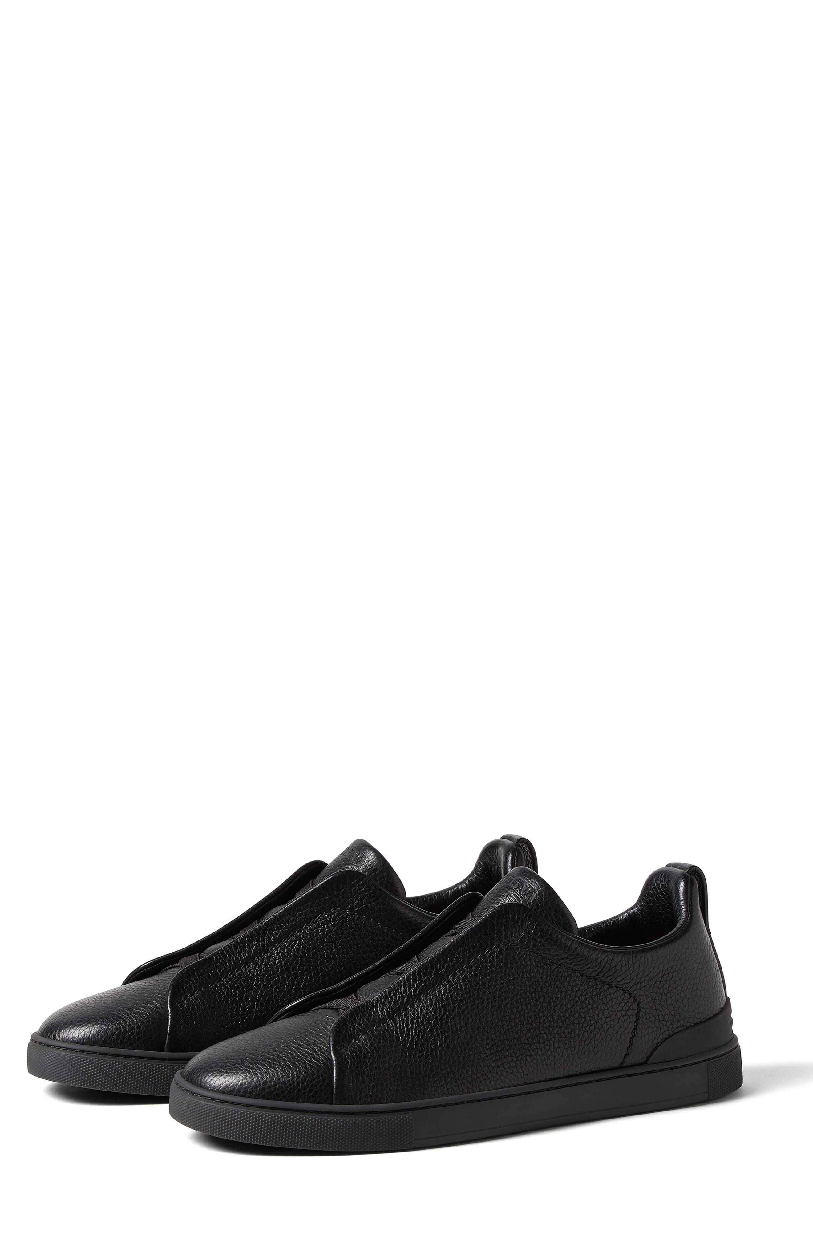 ZEGNA Triple Stitch Deerskin Leather Slip-On Sneaker, Main, color, Black