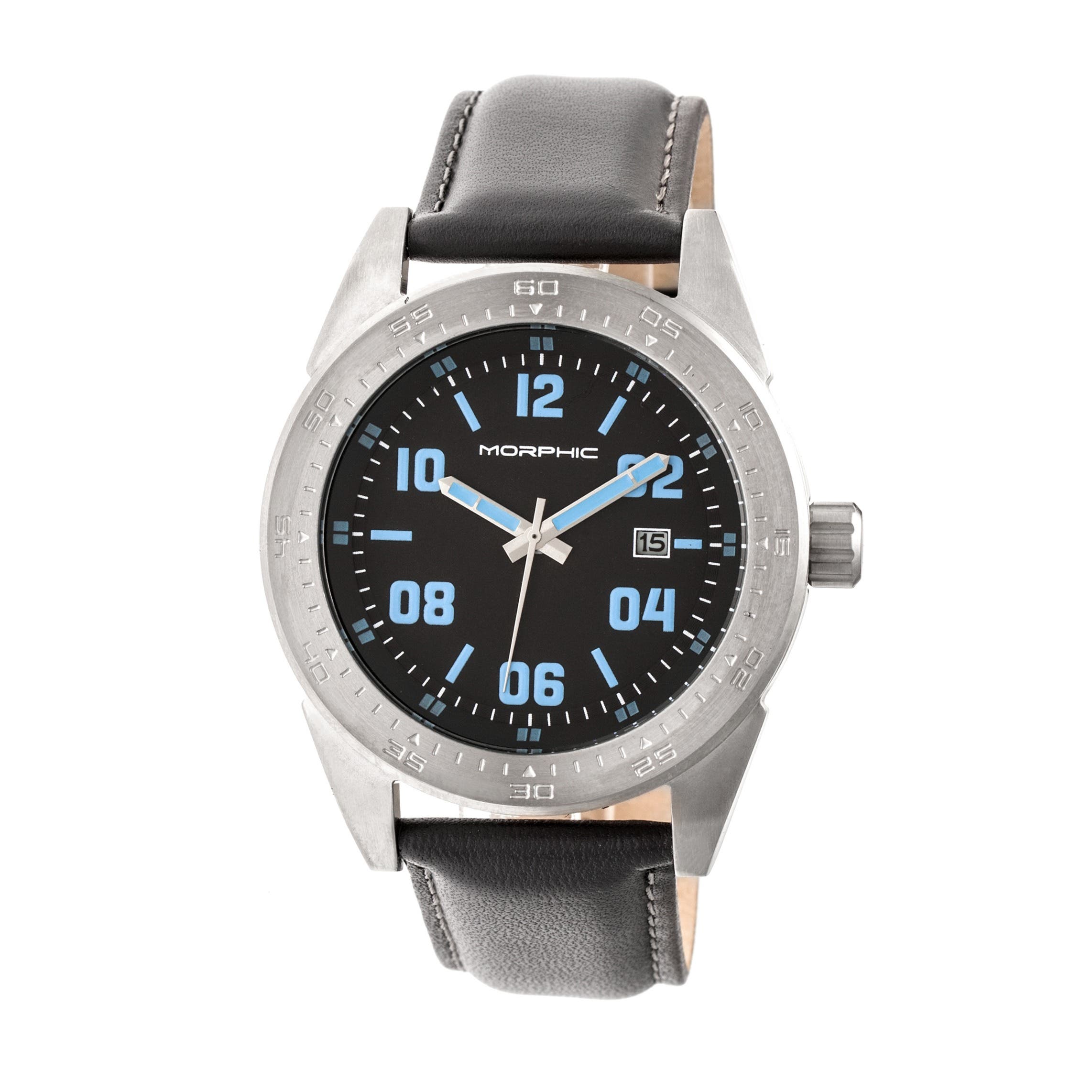 Morphic M63 Series Leather-Band Watch w/Date in Silver/black 