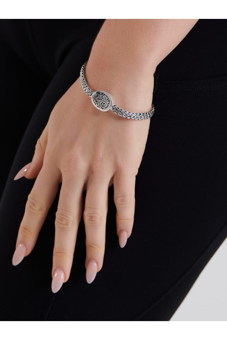 Bali Filigree with Hammer Accent with Dragon Bone Chain Bracelet in Sterling Silver, Alternate, color, Silver