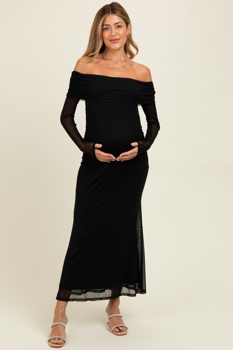 Mesh Overlay Off Shoulder Long Sleeve Midi Dress
