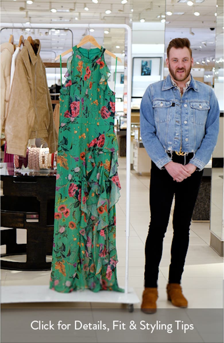 Floral Print Metallic Ruffle Chiffon Gown, sales video thumbnail