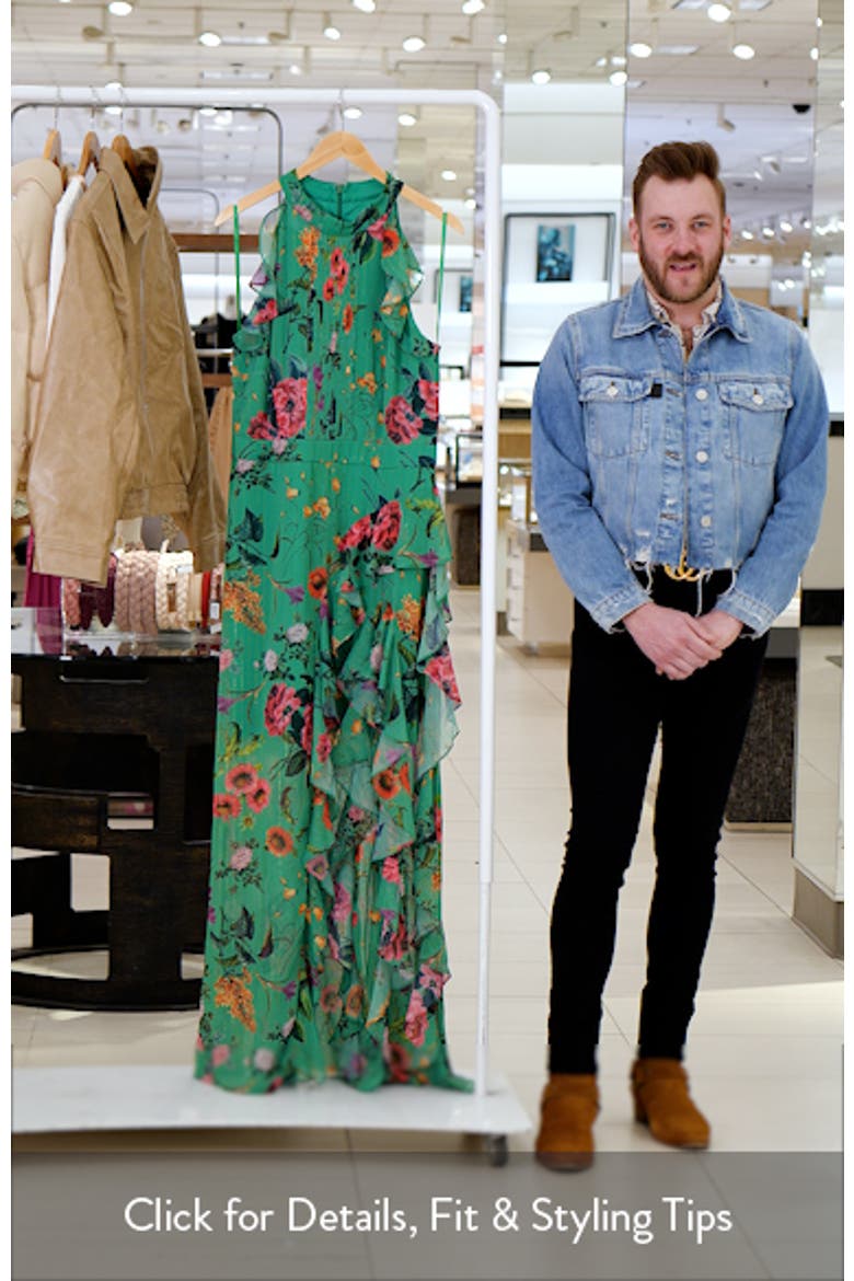 Floral Print Metallic Ruffle Chiffon Gown video