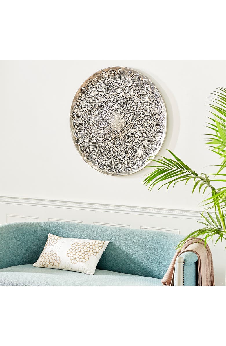WILLOW ROW Large Round Silver Aluminum Wall Decor with Mosaic Mirror Detail - 33" x 33", Alternate, color,