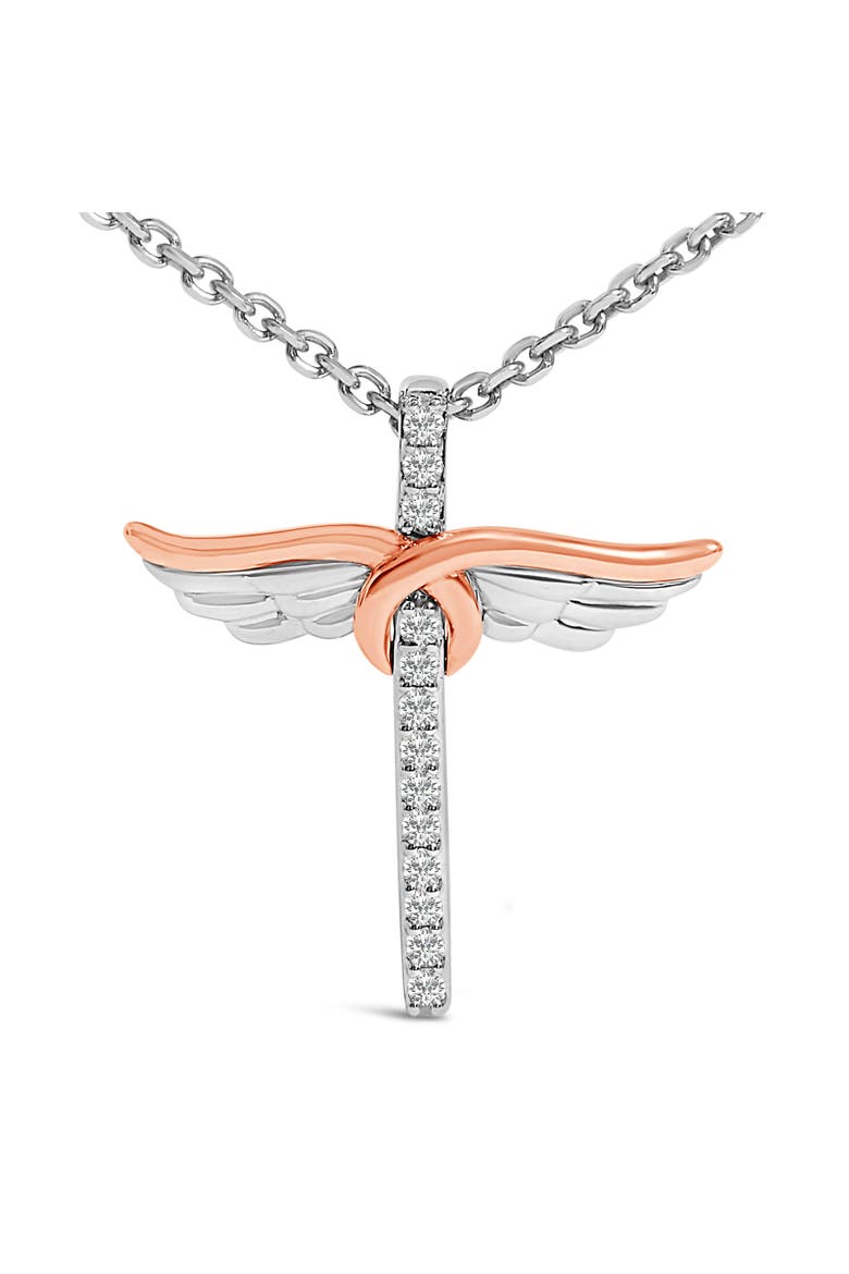 14K Rose Gold Plated Sterling Silver 1/5 Cttw Diamond Wing Cross Pendant Necklace, Alternate, color, White Gold over Silver