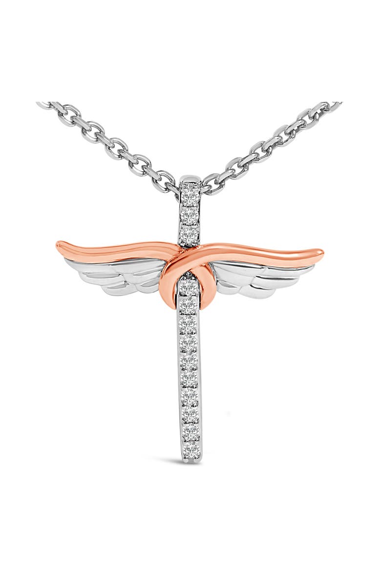 Haus of Brilliance 14K Rose Gold Plated Sterling Silver 1/5 Cttw Diamond Wing Cross Pendant Necklace, Alternate, color, White Gold Over Silver