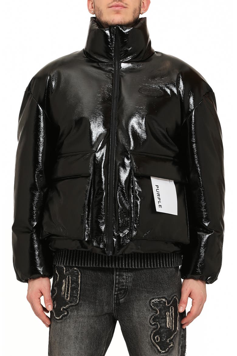 Faux Leather Puffer Jacket, Alternate, color, BLACK