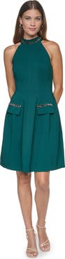 HALSTON Embellished Halter Fit-and-Flare Dress