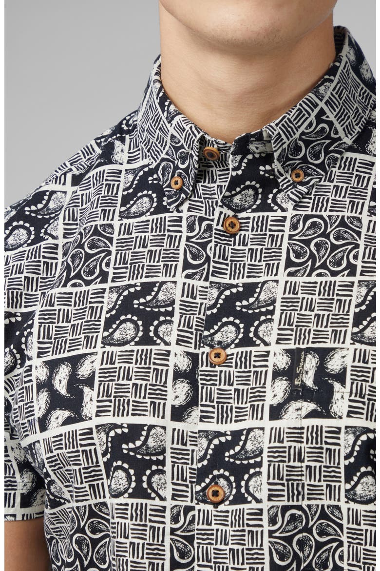 Checkerboard Paisley Print Short Sleeve Button-Down Shirt, Alternate, color, BLACK