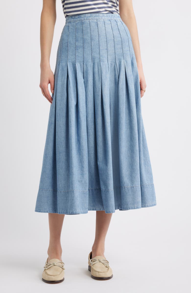 THE GREAT. The Rhythm Pleated Chambray Midi Skirt, Main, color, 
