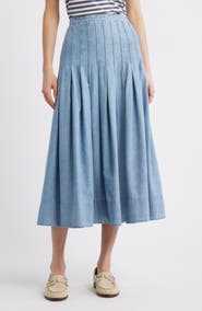 THE GREAT. The Rhythm Pleated Chambray Midi Skirt