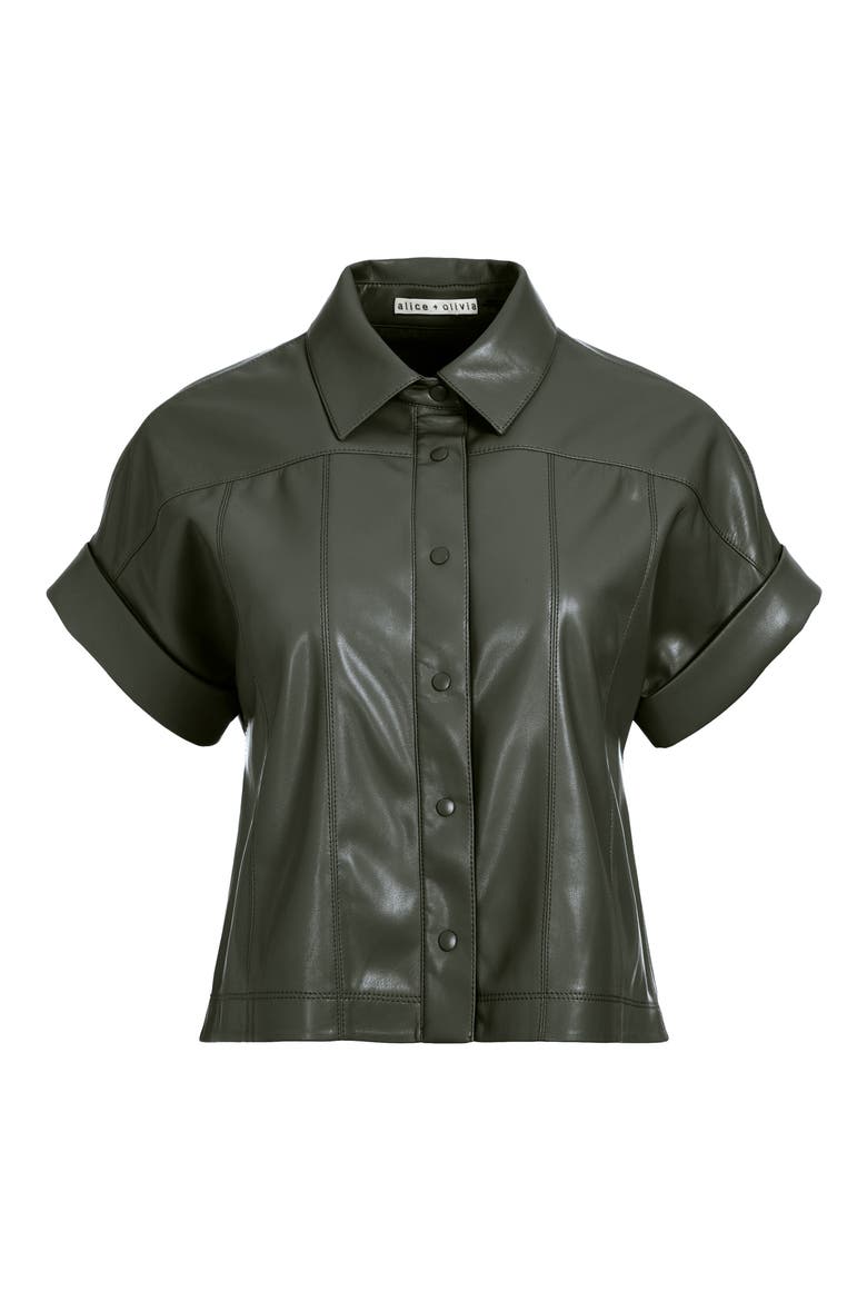 Edyth Short Sleeve Button-Up Faux Leather Shirt, Alternate, color, OLIVE