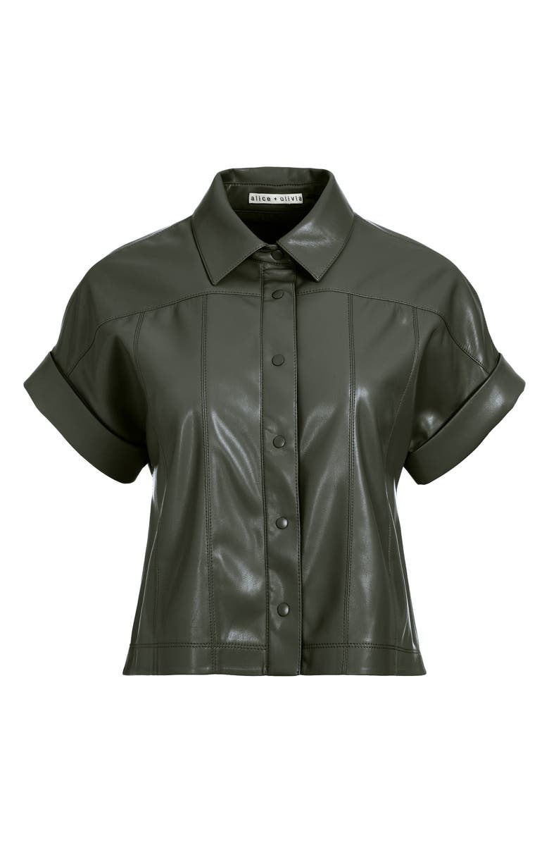 Alice + Olivia Edyth Short Sleeve Button-Up Faux Leather Shirt, Alternate, color,