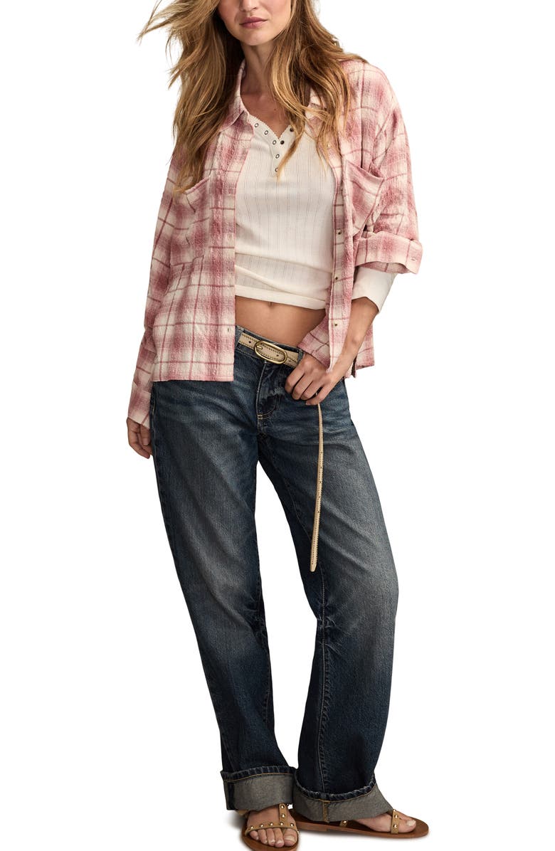 Lucky Brand Plaid Crop Button-Up Shirt, Alternate, color, Pink Plaid