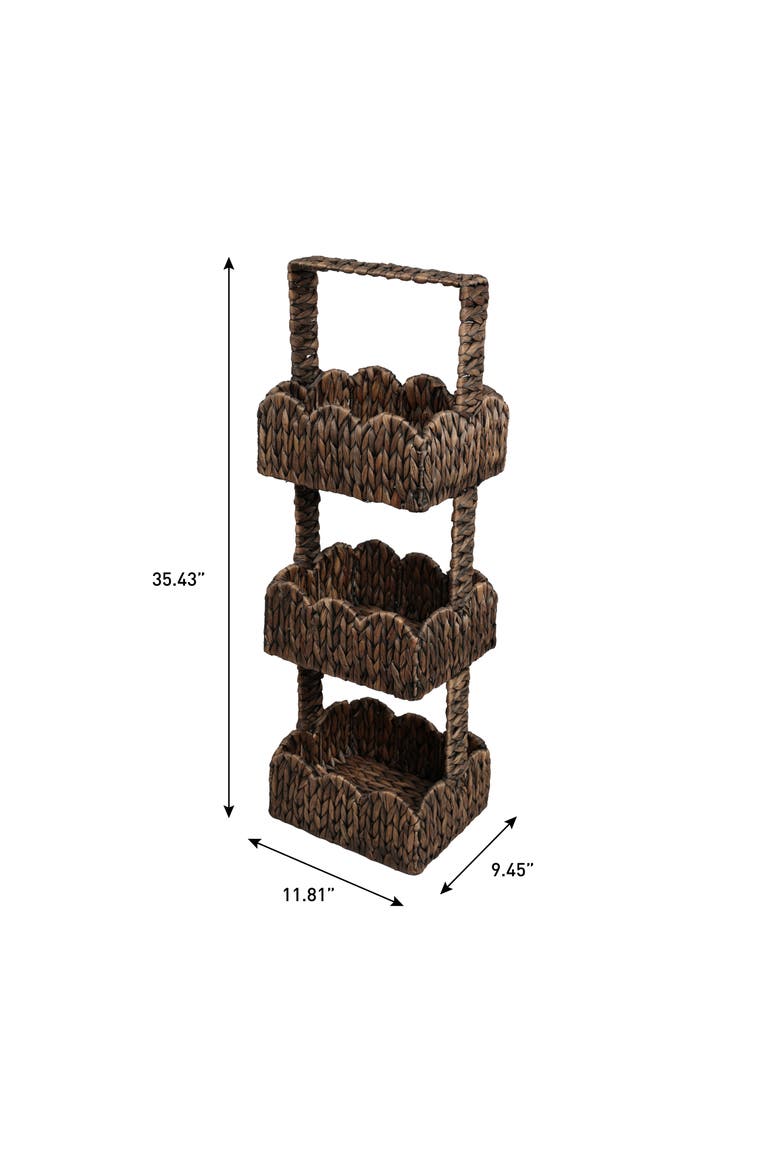 Terra Coastal Handwoven Water Hyacinth 3-Tier Scalloped Basket Freestanding Storage Tower Stand with Top Handle, Alternate, color, Brown