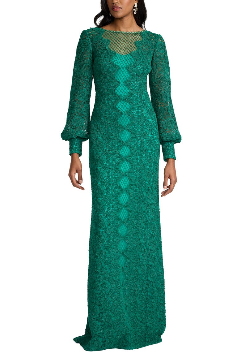 Long sleeve Corded Lace Gown, Main, color, EMERALD