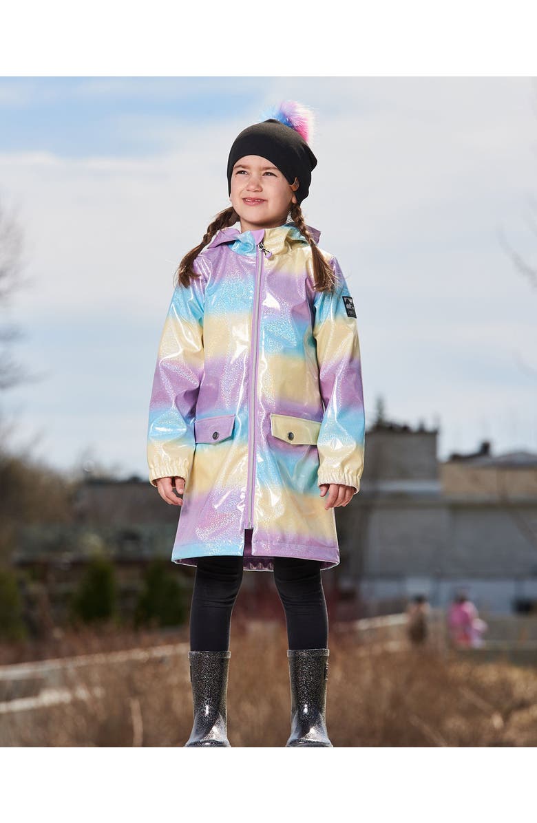 Deux par Deux Little Girl's Printed Rain Coat With Hat Mauve Blue And Yellow Glitter Gradient, Alternate, color, 