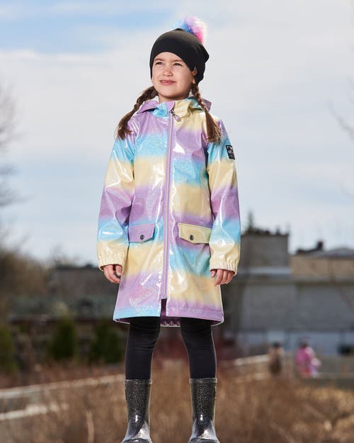 DEUX PAR DEUX DEUX PAR DEUX LITTLE GIRL'S PRINTED RAIN COAT WITH HAT MAUVE BLUE AND YELLOW GLITTER GRADIENT