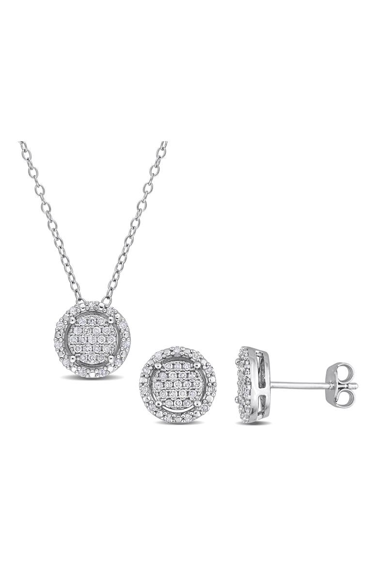 Diamond Halo Pendant Necklace & Stud Earrings Set, Main, color, WHITE