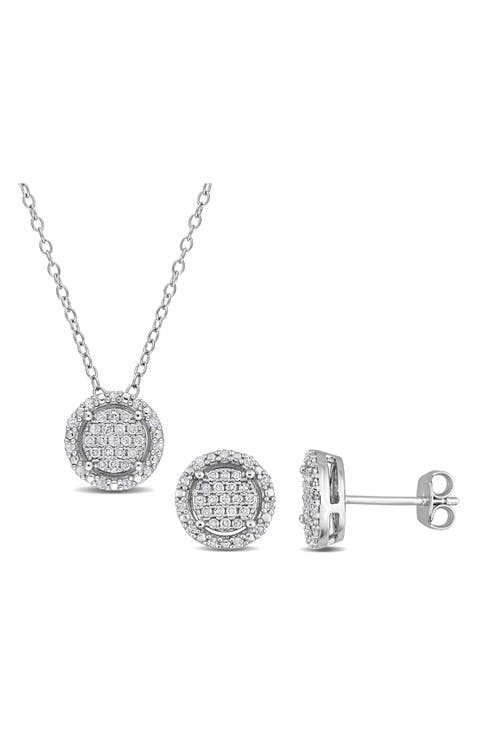 Diamond Halo Pendant Necklace & Stud Earrings Set